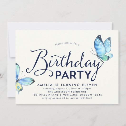 Blue Waterverf Butterflies Verjaardagsuitnodiging Kaart (Voorkant)