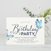 Blue Waterverf Butterflies Verjaardagsuitnodiging Kaart (Staand voorkant)