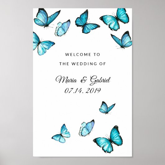 Blue waterverf butterflies Wedding Sign Poster (Voorkant)