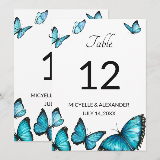 Blue waterverf butterflies Wedingstabel Number Kaart (Voorkant / Achterkant)