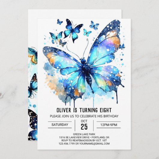 Blue Waterverf Butterfly Boy Verjaardag Kaart (Voorkant / Achterkant)