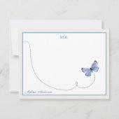 Blue Waterverf Butterfly in Flight Monogram Name Notitiekaartje (Voorkant)