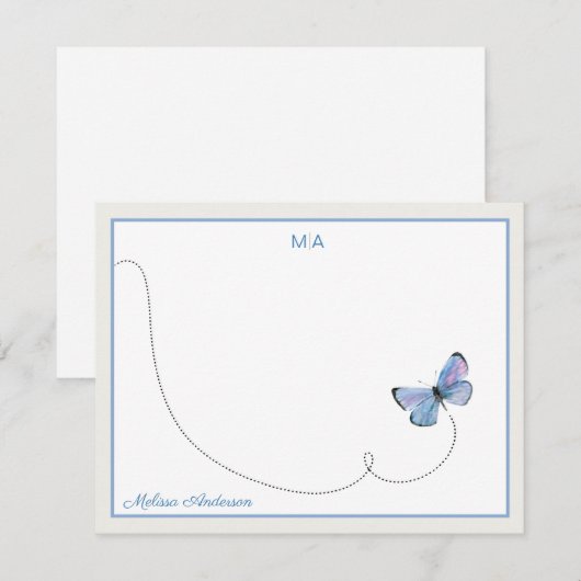 Blue Waterverf Butterfly in Flight Monogram Name Notitiekaartje (Voorkant / Achterkant)
