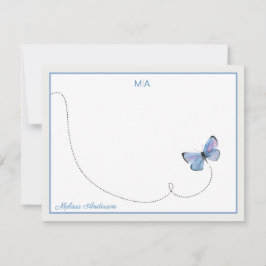 Blue Waterverf Butterfly in Flight Monogram Name Notitiekaartje