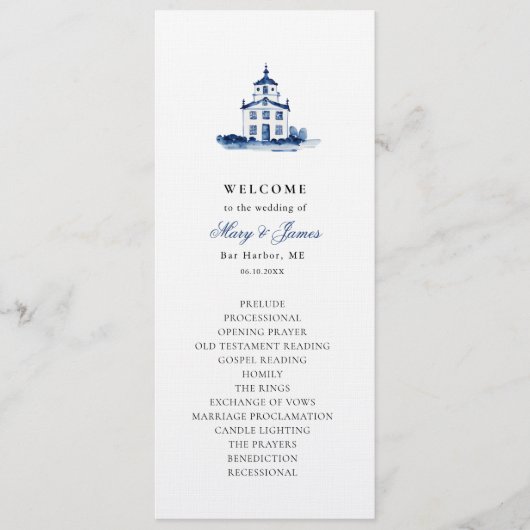 Blue Waterverf Church Wedding Platte Programma Programmakaart (Voorkant)