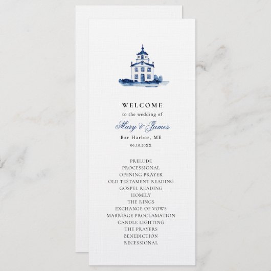 Blue Waterverf Church Wedding Platte Programma Programmakaart (Voorkant / Achterkant)