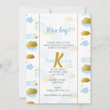 Blue Waterverf Clouds Gold Stars Sky Baby shower