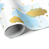 Blue Waterverf Clouds Gold Stars Sky Cadeaupapier (Rol Hoek)