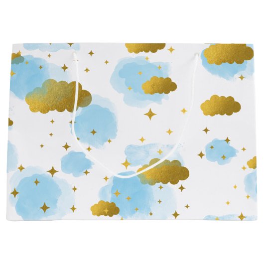 Blue Waterverf Clouds Gold Stars Sky Groot Cadeauzakje (Voorkant)