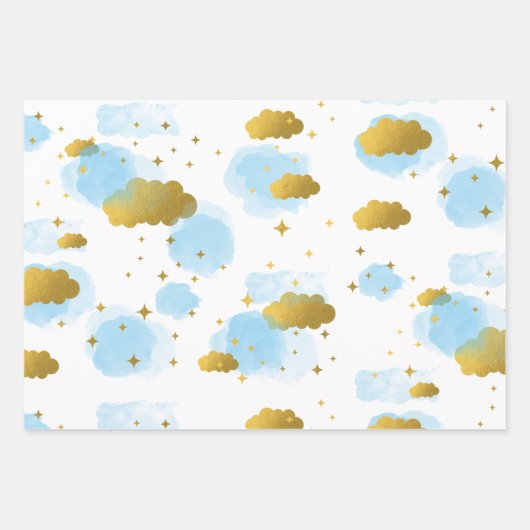 Blue Waterverf Clouds Gold Stars Sky Inpakpapier Vel (Voorkant)