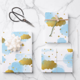 Blue Waterverf Clouds Gold Stars Sky Inpakpapier Vel