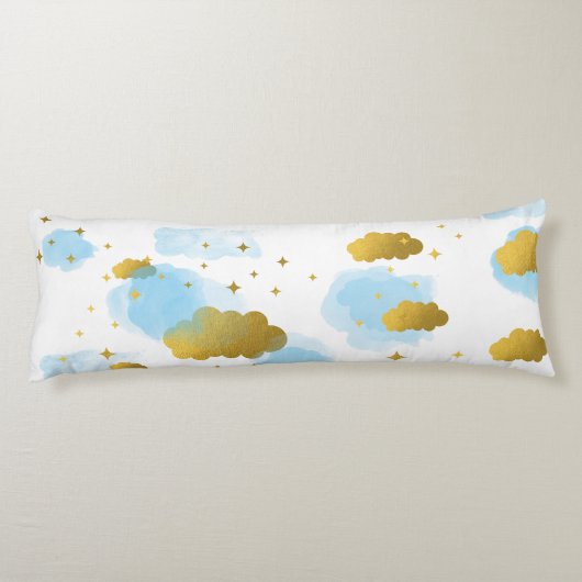 Blue Waterverf Clouds Gold Stars Sky Lichaamskussen (Achterkant)