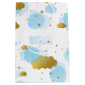 Blue Waterverf Clouds Gold Stars Sky Medium Cadeauzakje (Voorkant)
