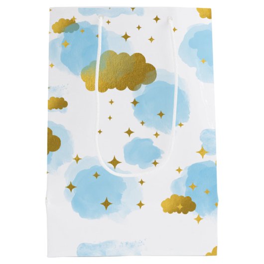 Blue Waterverf Clouds Gold Stars Sky Medium Cadeauzakje (Achterkant)