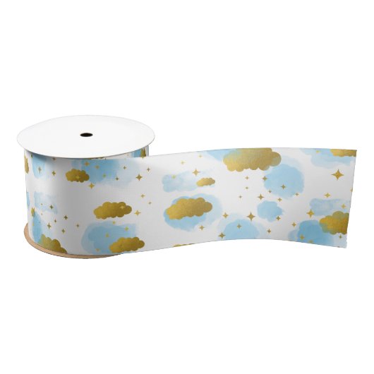 Blue Waterverf Clouds Gold Stars Sky Satijnen Lint (Spoel)