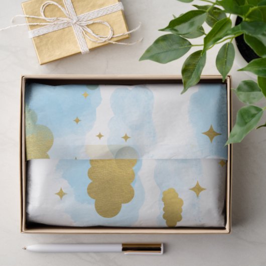 Blue Waterverf Clouds Gold Stars Sky Tissuepapier (Geschenk)