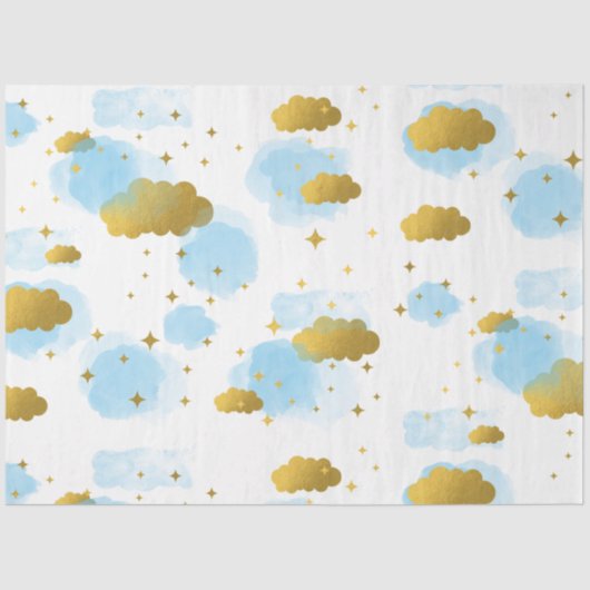 Blue Waterverf Clouds Gold Stars Sky Tissuepapier (Voorkant)