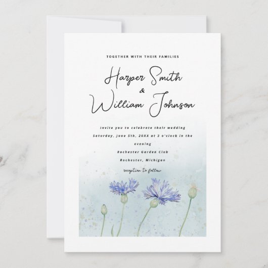 blue waterverf cornflower bruiloft kaart (Voorkant)