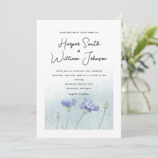 blue waterverf cornflower bruiloft kaart (Staand voorkant)