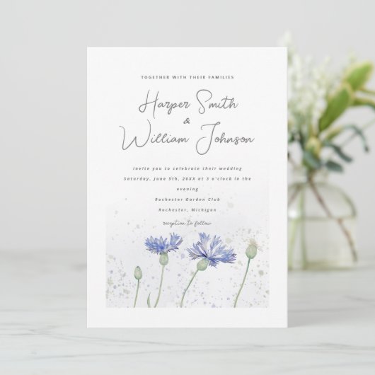blue waterverf cornflower bruiloft kaart (Staand voorkant)