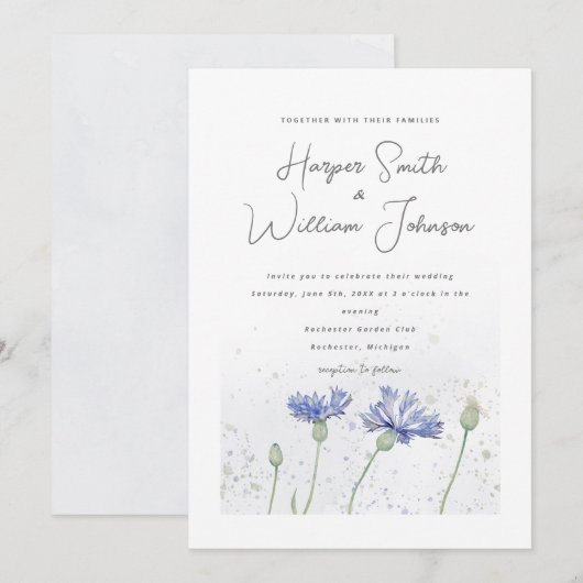 blue waterverf cornflower bruiloft kaart (Voorkant / Achterkant)