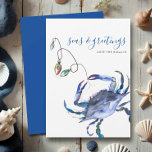 Blue Waterverf Crab Beach kerstKaart<br><div class="desc">Deze eenvoudige vakantiekaart is voorzien van een replica van mijn oorspronkelijke hand die waterverf blauwe krab op een scherpe witte achtergrond heeft geschilderd. De woorden Zeeen en Groeten worden geplaatst in een moderne borstelmanuscripttypografie. Personaliseer hoe je wilt. De kerstkaart van de kuststijl keert terug naar een stevige blauwe kleur. Een...</div>