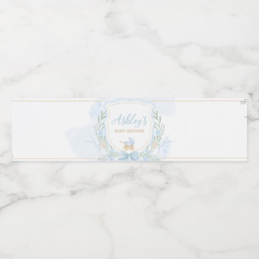 Blue Waterverf Crest Baby shower Waterfles Etiket (Enkel label)