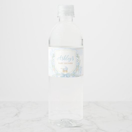 Blue Waterverf Crest Baby shower Waterfles Etiket (Voorkant)