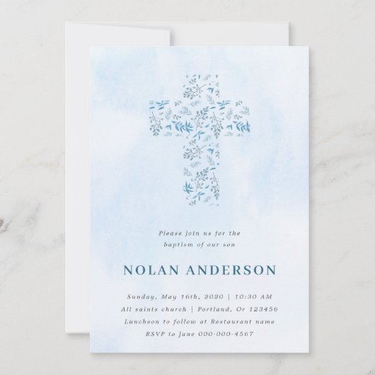 Blue Waterverf Cross in Calligraphy Baptism Boy Kaart (Voorkant)