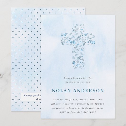 Blue Waterverf Cross in Calligraphy Baptism Boy Kaart (Voorkant / Achterkant)
