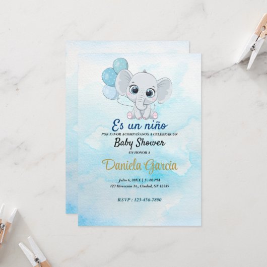 Blue Waterverf Cute Baby shower Invitation Kaart (Voorkant / Achterkant in situ)