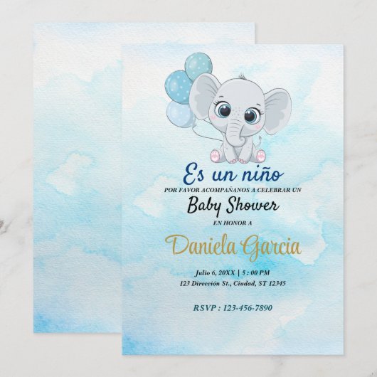 Blue Waterverf Cute Baby shower Invitation Kaart (Voorkant / Achterkant)