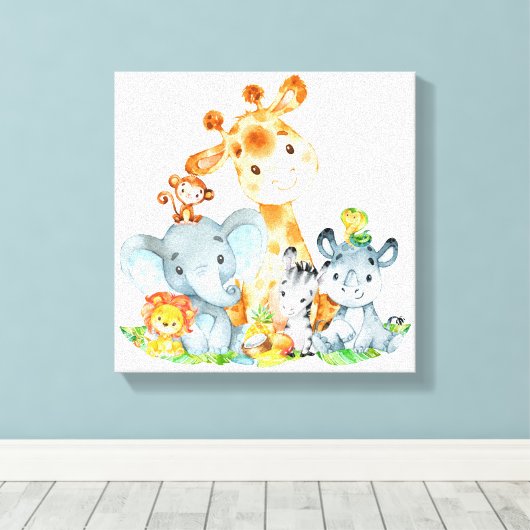 Blue Waterverf Cute Safari Oerwouden Canvas Afdruk (Insitu (Houten vloer))