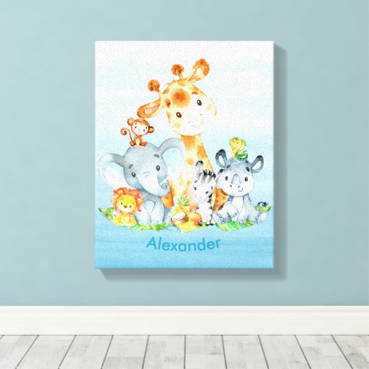Blue Waterverf Cute Safari Oerwouden Canvas Afdruk (Insitu (Houten vloer))