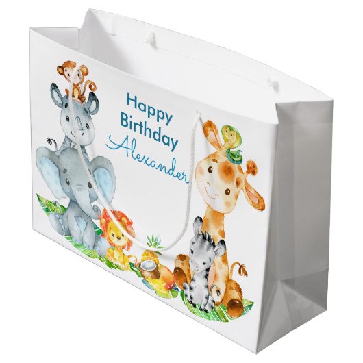 Blue Waterverf Cute Safari Oerwouden Groot Cadeauzakje (Achterkant Gekanteld)