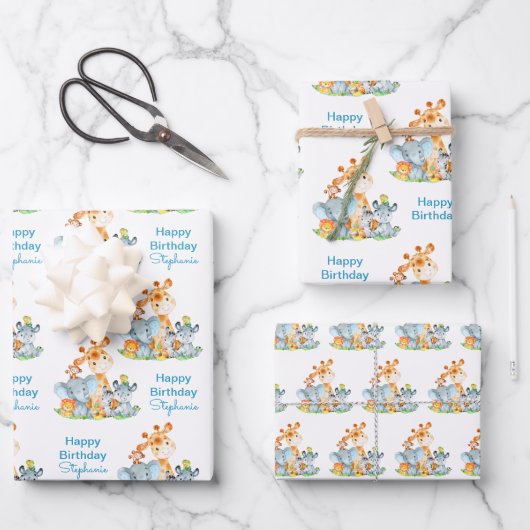 Blue Waterverf Cute Safari Oerwouden Inpakpapier Vel (Voorkant)