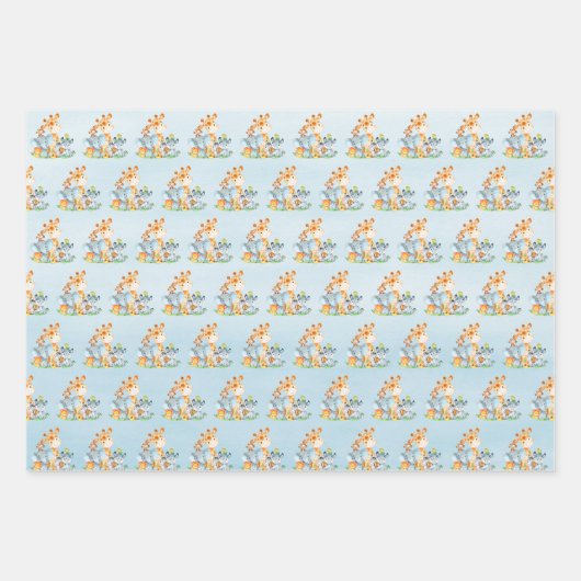 Blue Waterverf Cute Safari Oerwouden Inpakpapier Vel (Voorkant 3)