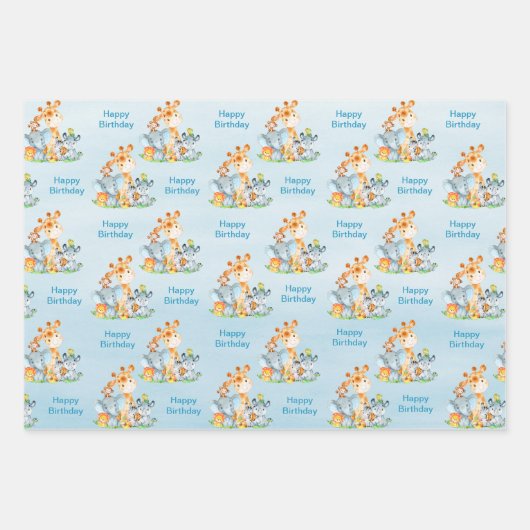 Blue Waterverf Cute Safari Oerwouden Inpakpapier Vel (Voorkant 2)