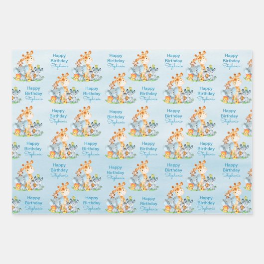 Blue Waterverf Cute Safari Oerwouden Inpakpapier Vel (Voorkant)