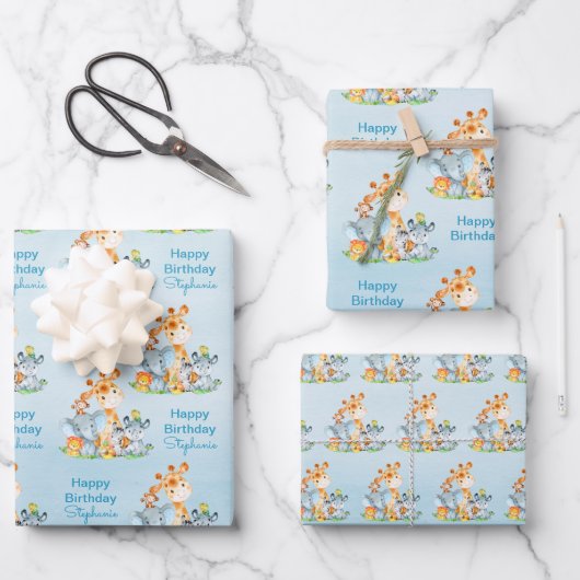Blue Waterverf Cute Safari Oerwouden Inpakpapier Vel (Voorkant)