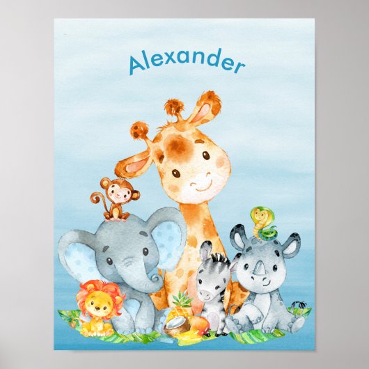 Blue Waterverf Cute Safari Oerwouden Poster (Voorkant)