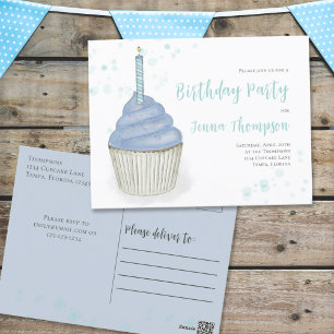 Blue Waterverf Cute Whimsical Cupcake Birthday Briefkaart