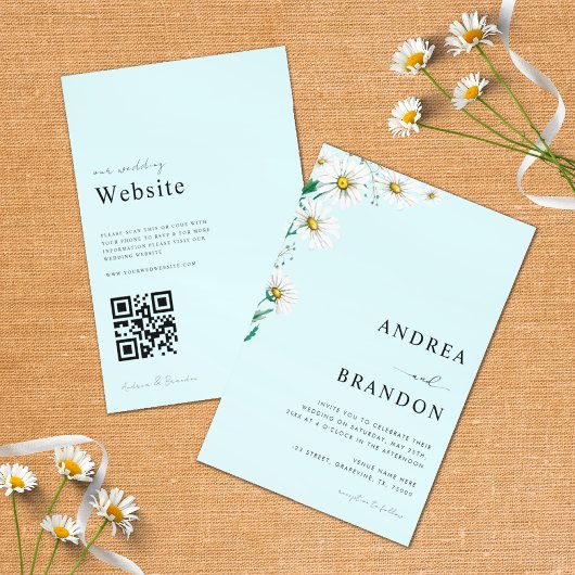 Blue Waterverf Daisy Wildflower QR Code Weddenscha Kaart