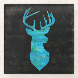 Blue Waterverf Deer Silhouette Glazen Onderzetter