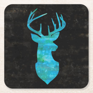 Blue Waterverf Deer Silhouette Kartonnen Onderzetters
