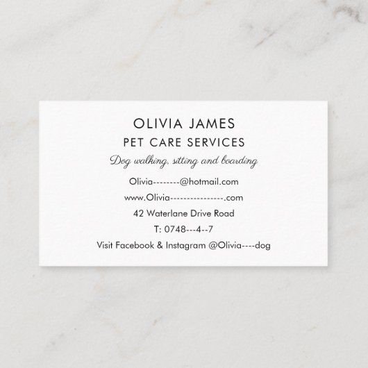 Blue Waterverf Dog Care Services Walting Sitting Visitekaartje (Achterkant)