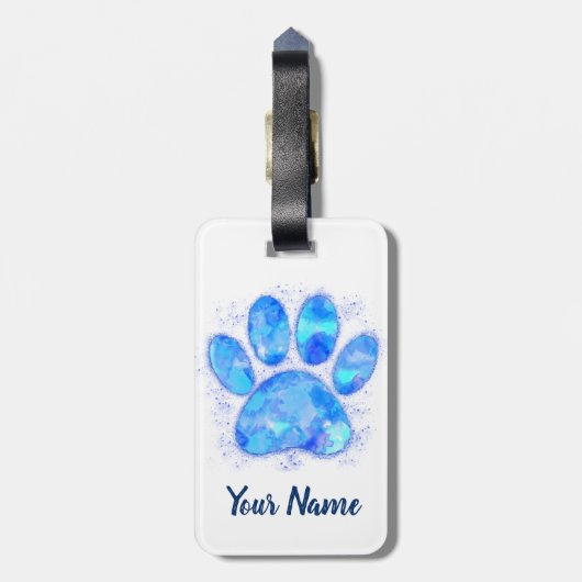 Blue Waterverf Dog Paw Print Aangepaste naam Bagagelabel (Achterkant verticaal)