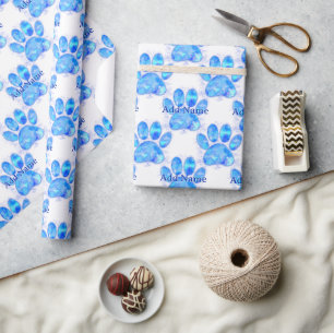 Blue Waterverf Dog Paw Print Aangepaste naam Cadeaupapier