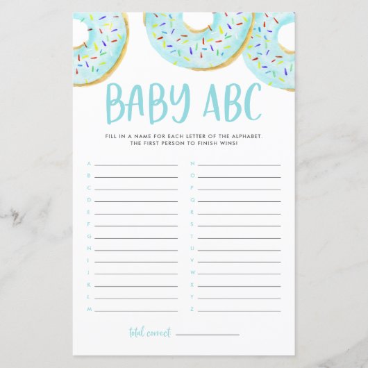 Blue Waterverf Donuts Baby ABC Baby shower Game (Voorkant)