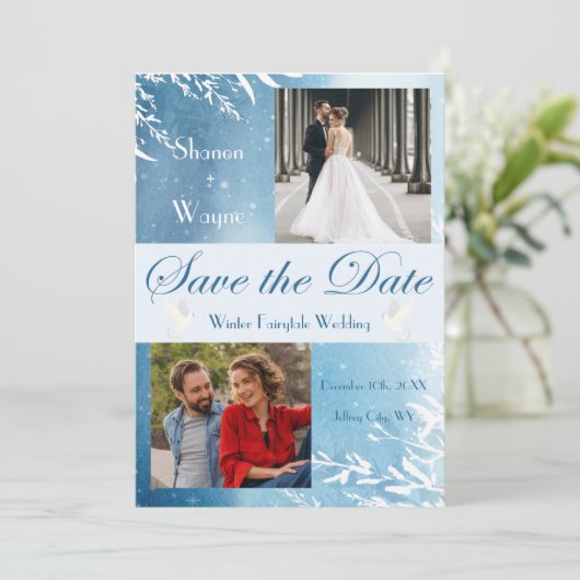 Blue Waterverf Doves Photo Wedding Save the Date (Staand voorkant)